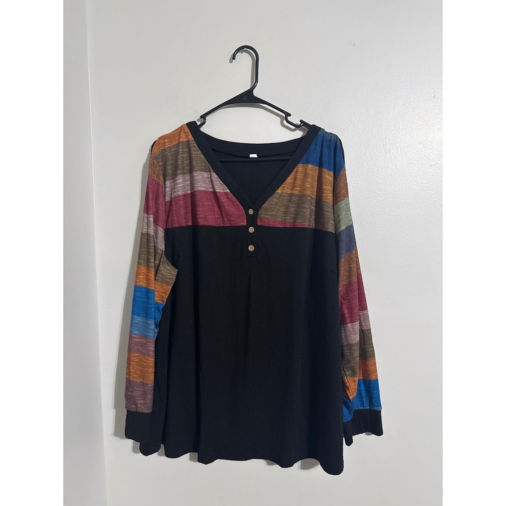Womens Multi Color Striped Sleeve Henley V-Neck Long Sleeve Top Black 2X